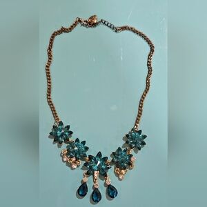 Rare Betsey Johnson Peacock Teal Blue and‎ Gold Floral Sparkling Necklace HTF